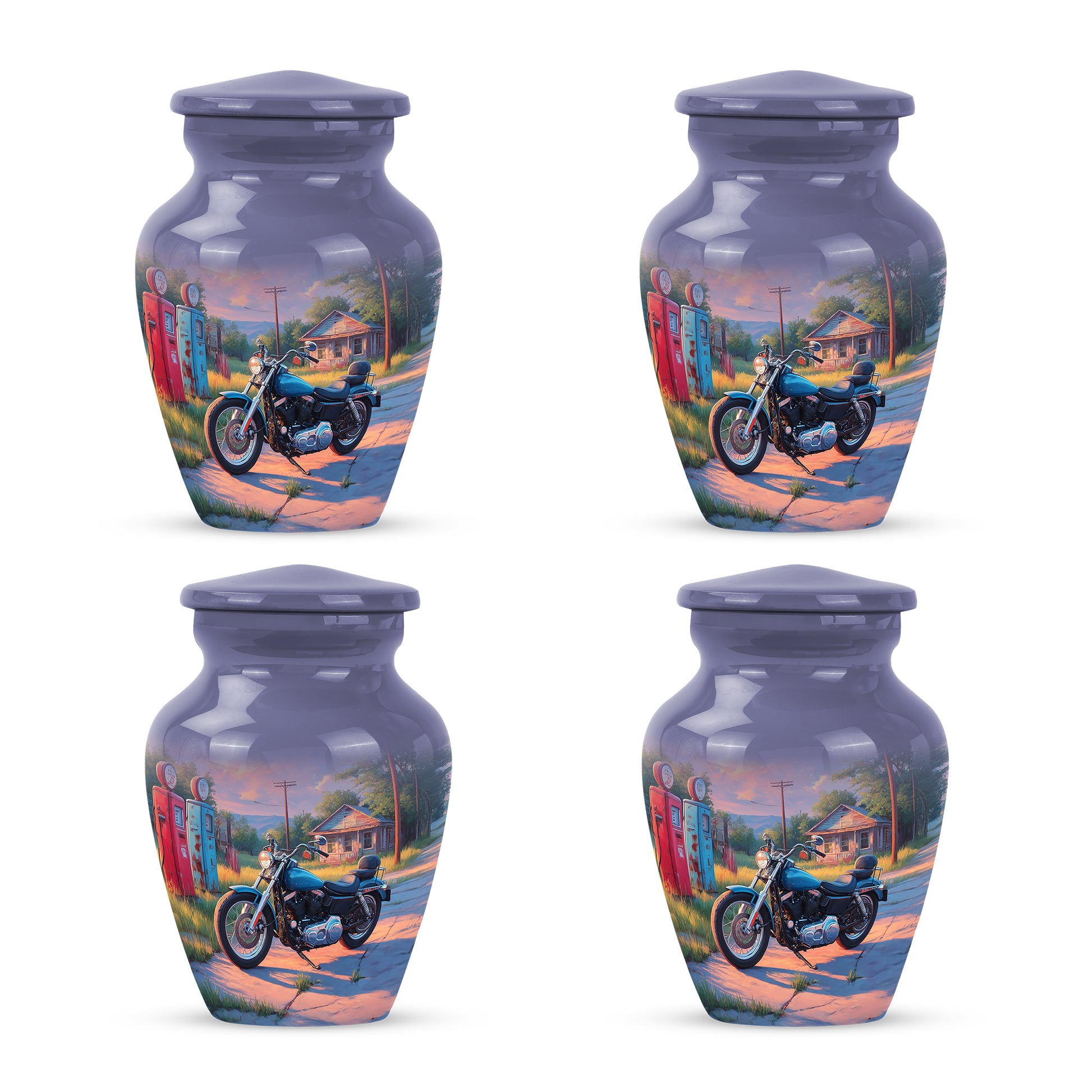 Soft Blue Bike Cremation Urn side profile showing urn shape - traditional bike engraving with hand-polished finish - 10 inch aluminum urn for cremated remains