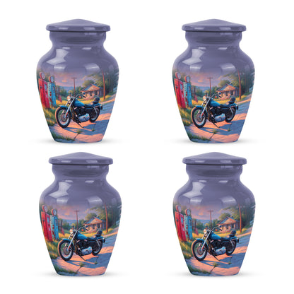 Soft Blue Bike Cremation Urn side profile showing urn shape - traditional bike engraving with hand-polished finish - 10 inch aluminum urn for cremated remains