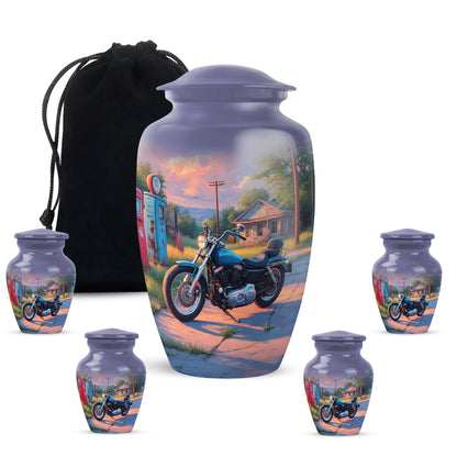 Sky Blue Bike Cremation Urn top-down view of secure threaded lid - classic sculpted bike pattern on smooth aluminum - memorial set with one large and four small urns