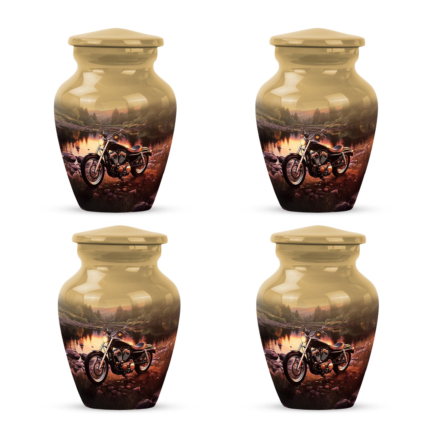 Warm Gold Bike Cremation Urn side profile showing urn shape - traditional bike engraving with hand-polished finish - 10 inch aluminum urn for cremated remains