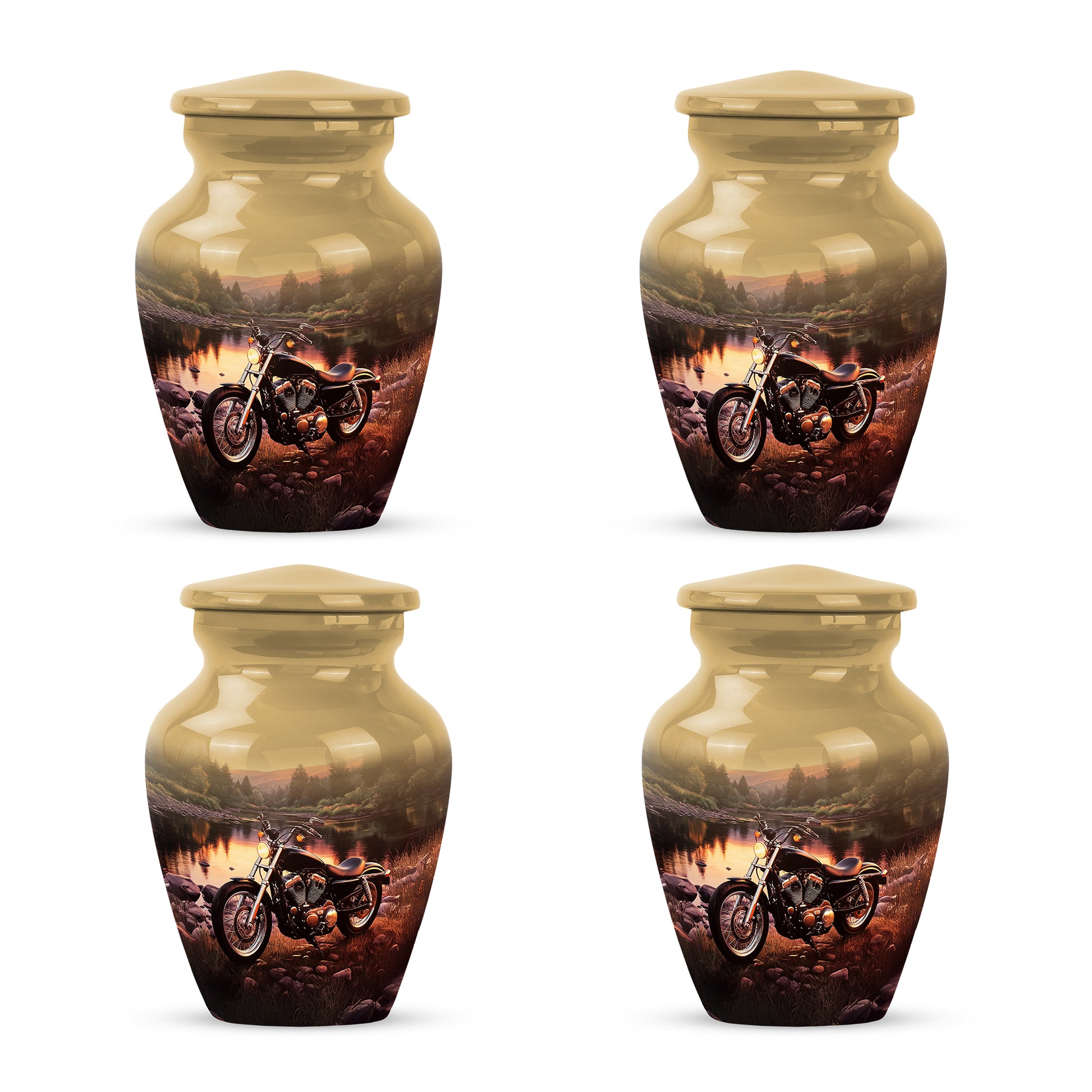 Warm Gold Bike Cremation Urn side profile showing urn shape - traditional bike engraving with hand-polished finish - 10 inch aluminum urn for cremated remains