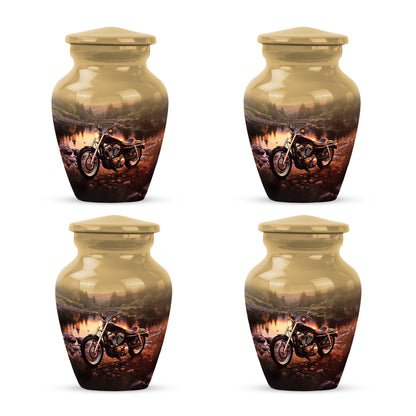 Warm Gold Bike Cremation Urn side profile showing urn shape - traditional bike engraving with hand-polished finish - 10 inch aluminum urn for cremated remains