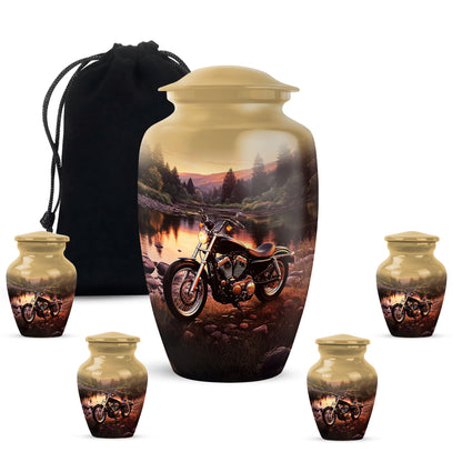 Sunrise Gold Bike Cremation Urn top-down view of secure threaded lid - classic sculpted bike pattern on smooth aluminum - memorial set with one large and four small urns