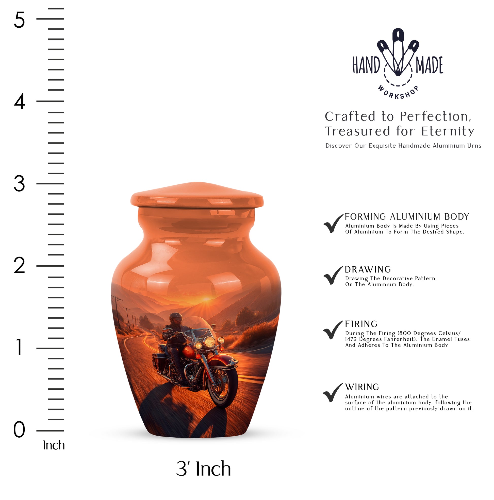 Harvest Gold Bike Cremation Urn close-up of engraving and surface detail - traditional bike engraving with hand-polished finish - mini keepsake memorial for portion of cremation ashes