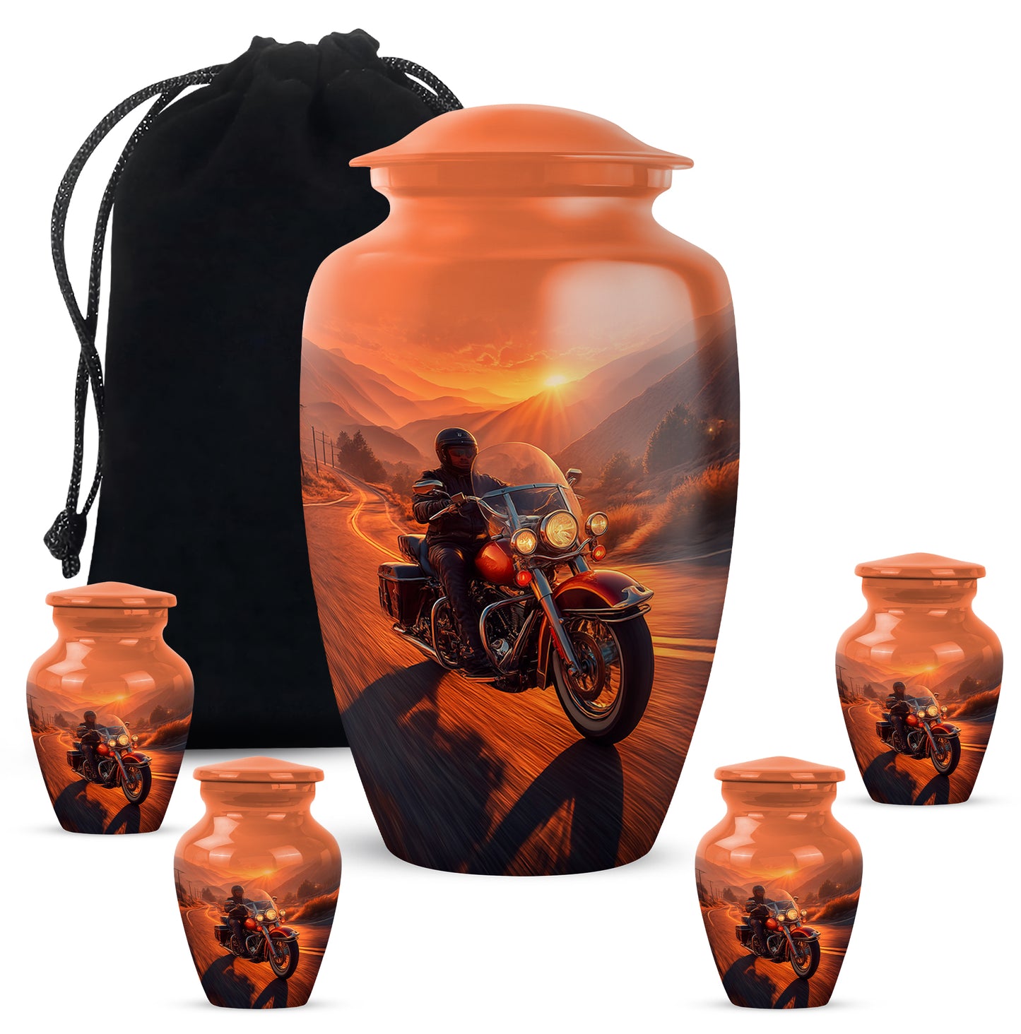 Amber Gold Bike Cremation Urn top-down view of secure threaded lid - timeless bike motif etched into premium metal - memorial set with one large and four small urns