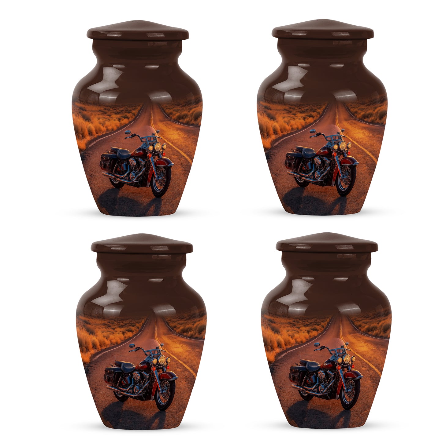 Fiery Red Bike Cremation Urn side profile showing urn shape - elegant classic bike relief with fine detailing - 10 inch aluminum urn for cremated remains