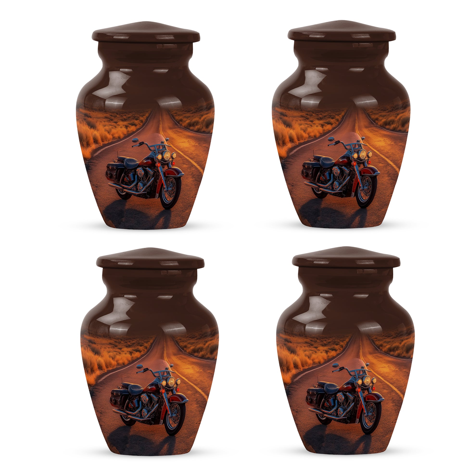 Fiery Red Bike Cremation Urn side profile showing urn shape - elegant classic bike relief with fine detailing - 10 inch aluminum urn for cremated remains
