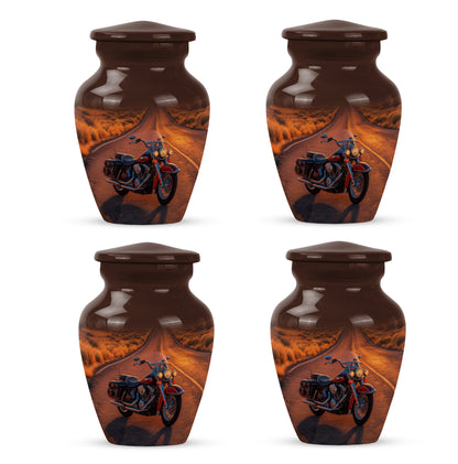 Fiery Red Bike Cremation Urn side profile showing urn shape - elegant classic bike relief with fine detailing - 10 inch aluminum urn for cremated remains