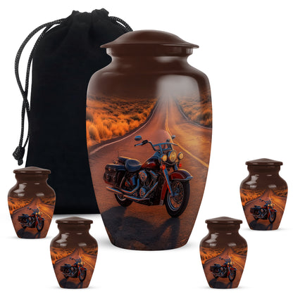 Garnet Red Bike Cremation Urn top-down view of secure threaded lid - timeless bike motif etched into premium metal - memorial set with one large and four small urns