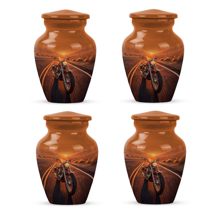 Warm Gold Bike Cremation Urn side profile showing urn shape - elegant classic bike relief with fine detailing - 10 inch aluminum urn for cremated remains