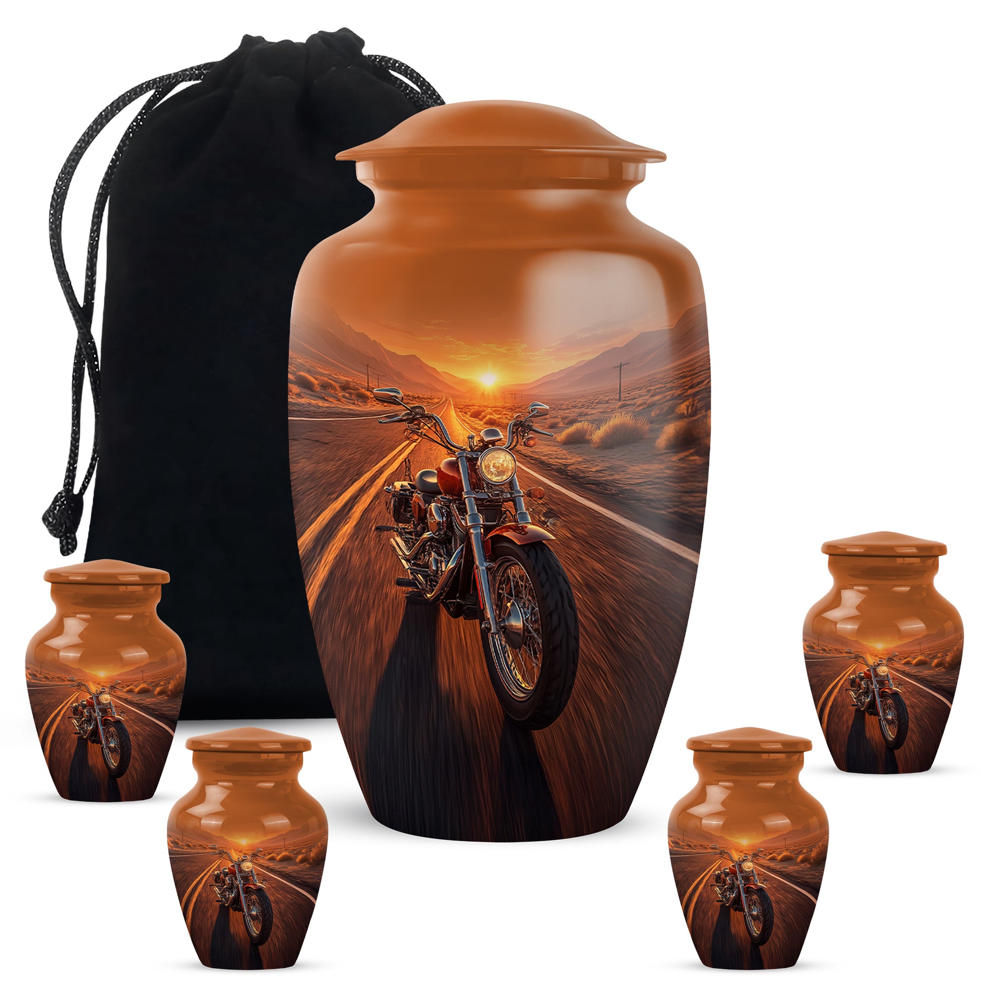 Antique Gold Bike Cremation Urn top-down view of secure threaded lid - classic sculpted bike pattern on smooth aluminum - memorial set with one large and four small urns