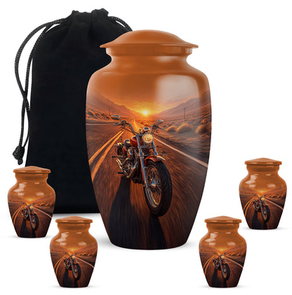 Antique Gold Bike Cremation Urn top-down view of secure threaded lid - classic sculpted bike pattern on smooth aluminum - memorial set with one large and four small urns