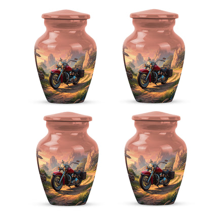 Fiery Red Bike Cremation Urn side profile showing urn shape - traditional bike engraving with hand-polished finish - 10 inch aluminum urn for cremated remains