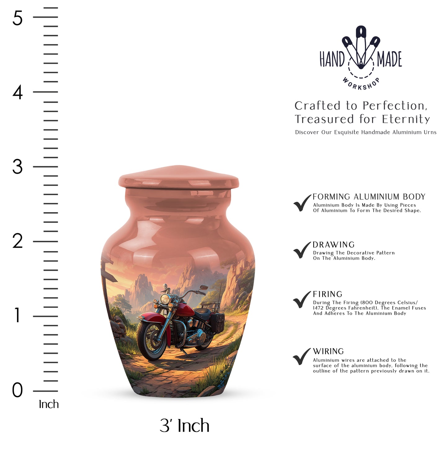 Fiery Red Bike Cremation Urn close-up of engraving and surface detail - elegant classic bike relief with fine detailing - mini keepsake memorial for portion of cremation ashes