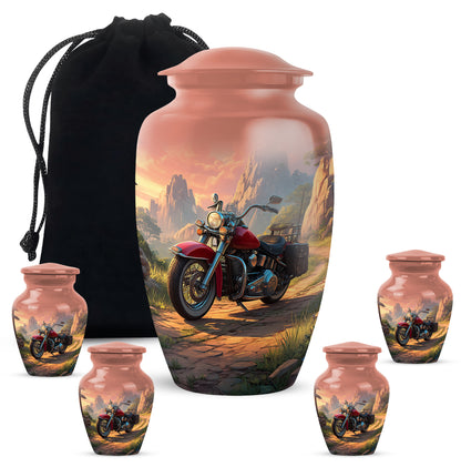 Garnet Red Bike Cremation Urn top-down view of secure threaded lid - classic sculpted bike pattern on smooth aluminum - memorial set with one large and four small urns
