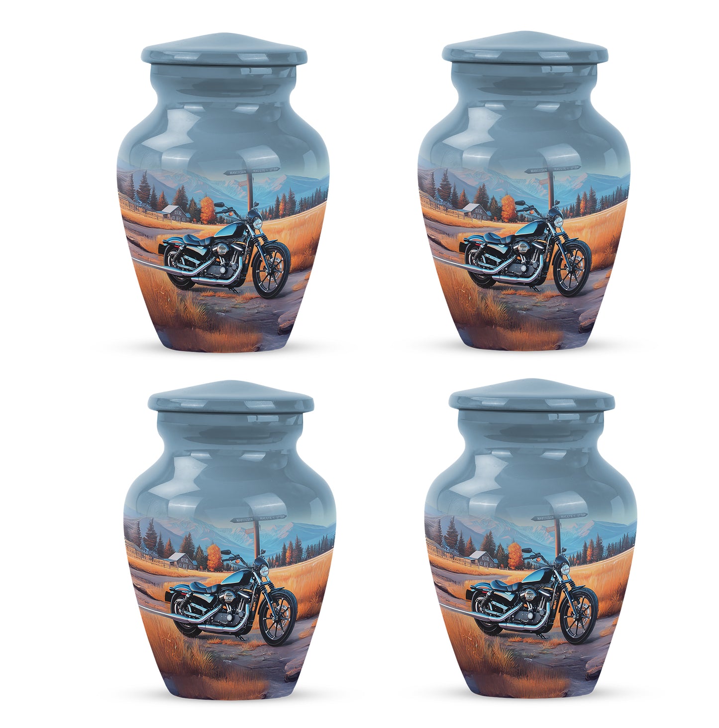 Navy Blue Bike Cremation Urn side profile showing urn shape - classic sculpted bike pattern on smooth aluminum - 10 inch aluminum urn for cremated remains