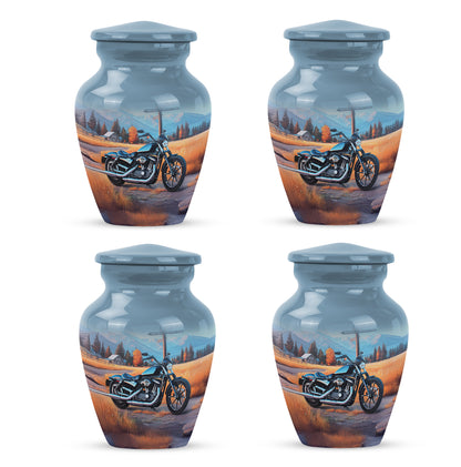 Navy Blue Bike Cremation Urn side profile showing urn shape - classic sculpted bike pattern on smooth aluminum - 10 inch aluminum urn for cremated remains