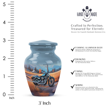 Vivid Blue Bike Cremation Urn close-up of engraving and surface detail - elegant classic bike relief with fine detailing - mini keepsake memorial for portion of cremation ashes