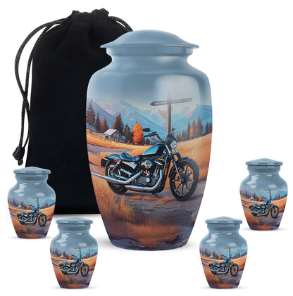 Indigo Bike Cremation Urn top-down view of secure threaded lid - timeless bike motif etched into premium metal - memorial set with one large and four small urns