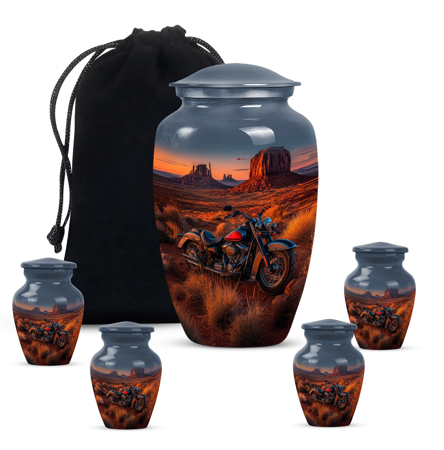 Indigo Bike Cremation Urn top-down view of secure threaded lid - timeless bike motif etched into premium metal - memorial set with one large and four small urns