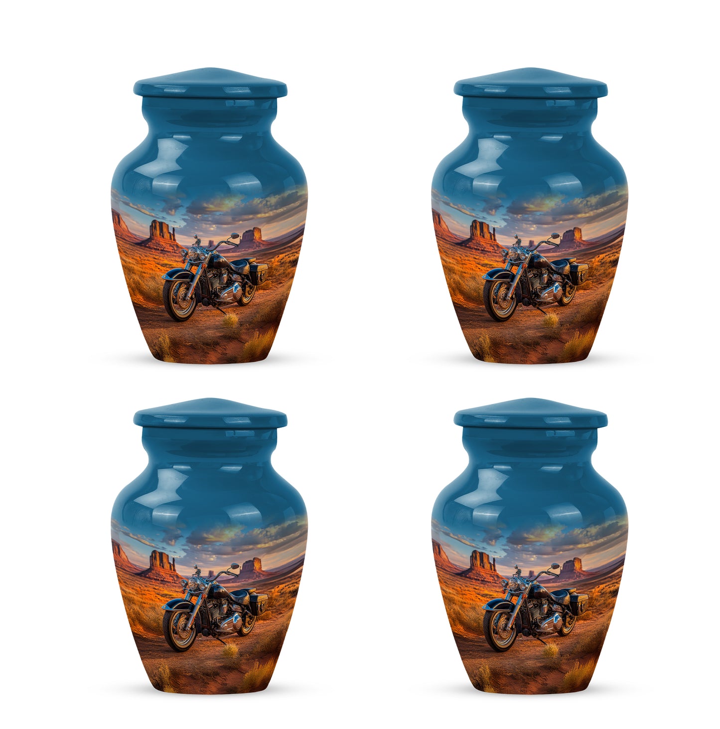 Serene Blue Bike Cremation Urn side profile showing urn shape - elegant classic bike relief with fine detailing - 10 inch aluminum urn for cremated remains