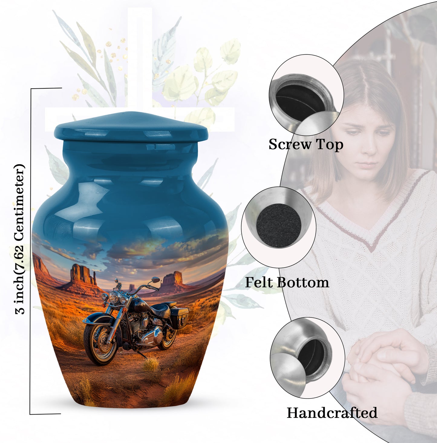 Serene Blue Bike Cremation Urn close-up of engraving and surface detail - traditional bike engraving with hand-polished finish - mini keepsake memorial for portion of cremation ashes