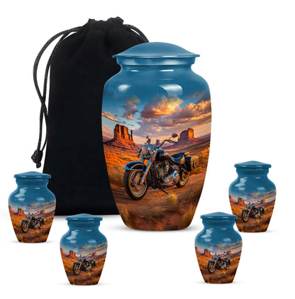 Sapphire Blue Bike Cremation Urn top-down view of secure threaded lid - elegant classic bike relief with fine detailing - memorial set with one large and four small urns
