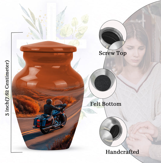 Amber Gold Bike Cremation Urn close-up of engraving and surface detail - timeless bike motif etched into premium metal - mini keepsake memorial for portion of cremation ashes