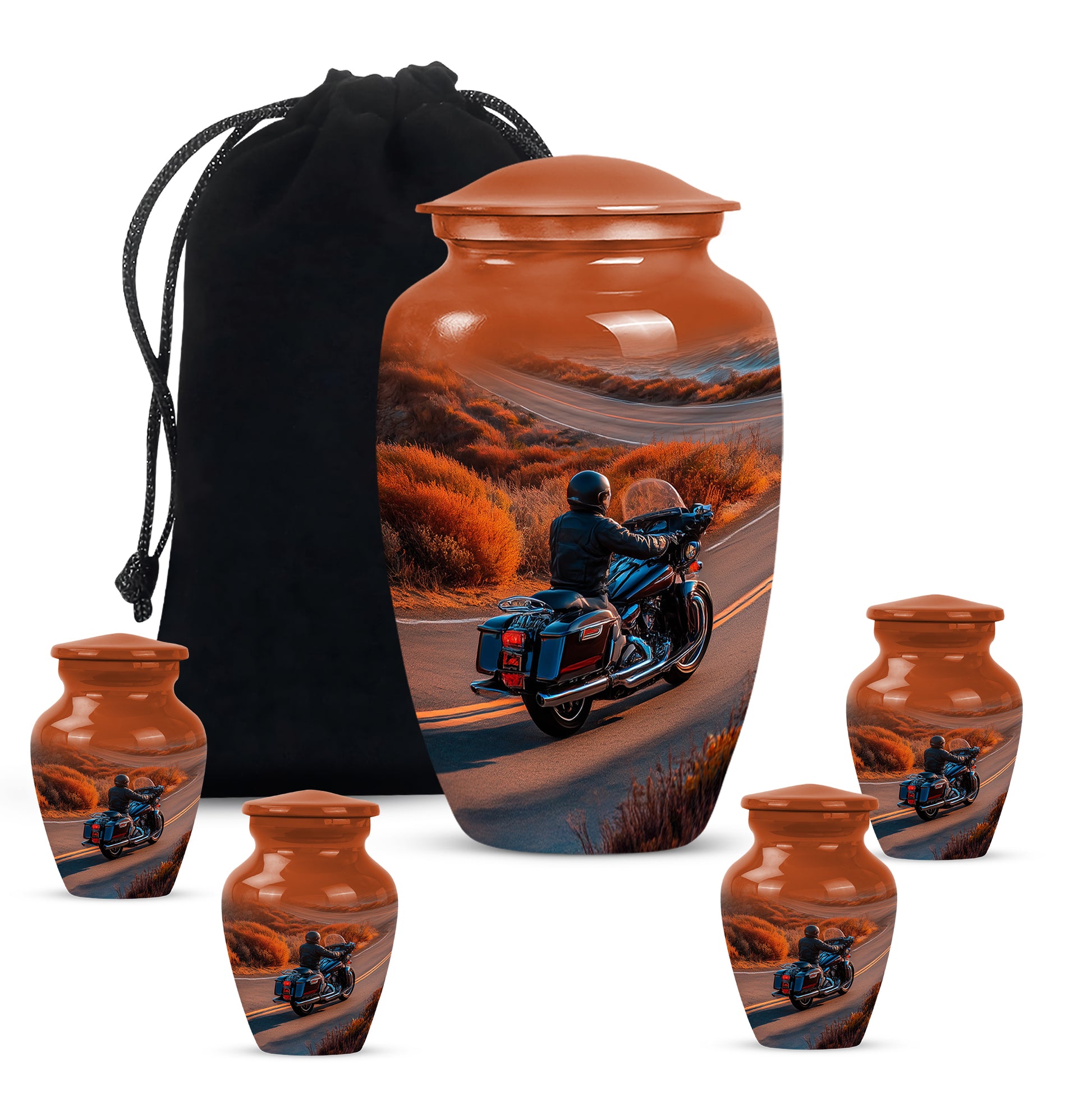 Royal Gold Bike Cremation Urn top-down view of secure threaded lid - elegant classic bike relief with fine detailing - memorial set with one large and four small urns