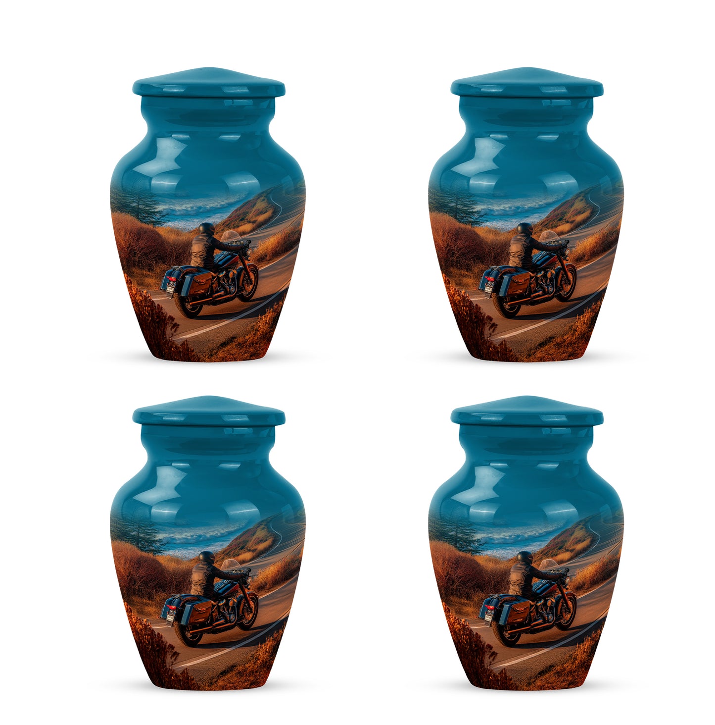 Mystic Teal Bike Cremation Urn side profile showing urn shape - elegant classic bike relief with fine detailing - 10 inch aluminum urn for cremated remains
