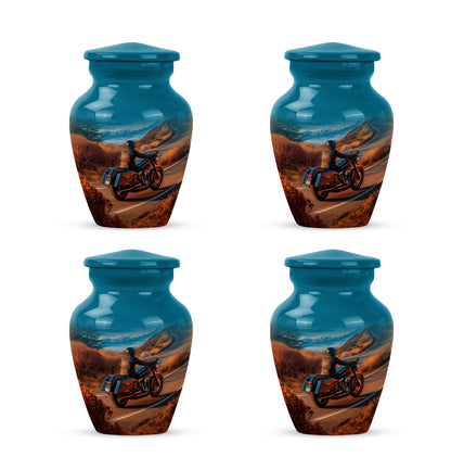 Mystic Teal Bike Cremation Urn side profile showing urn shape - elegant classic bike relief with fine detailing - 10 inch aluminum urn for cremated remains