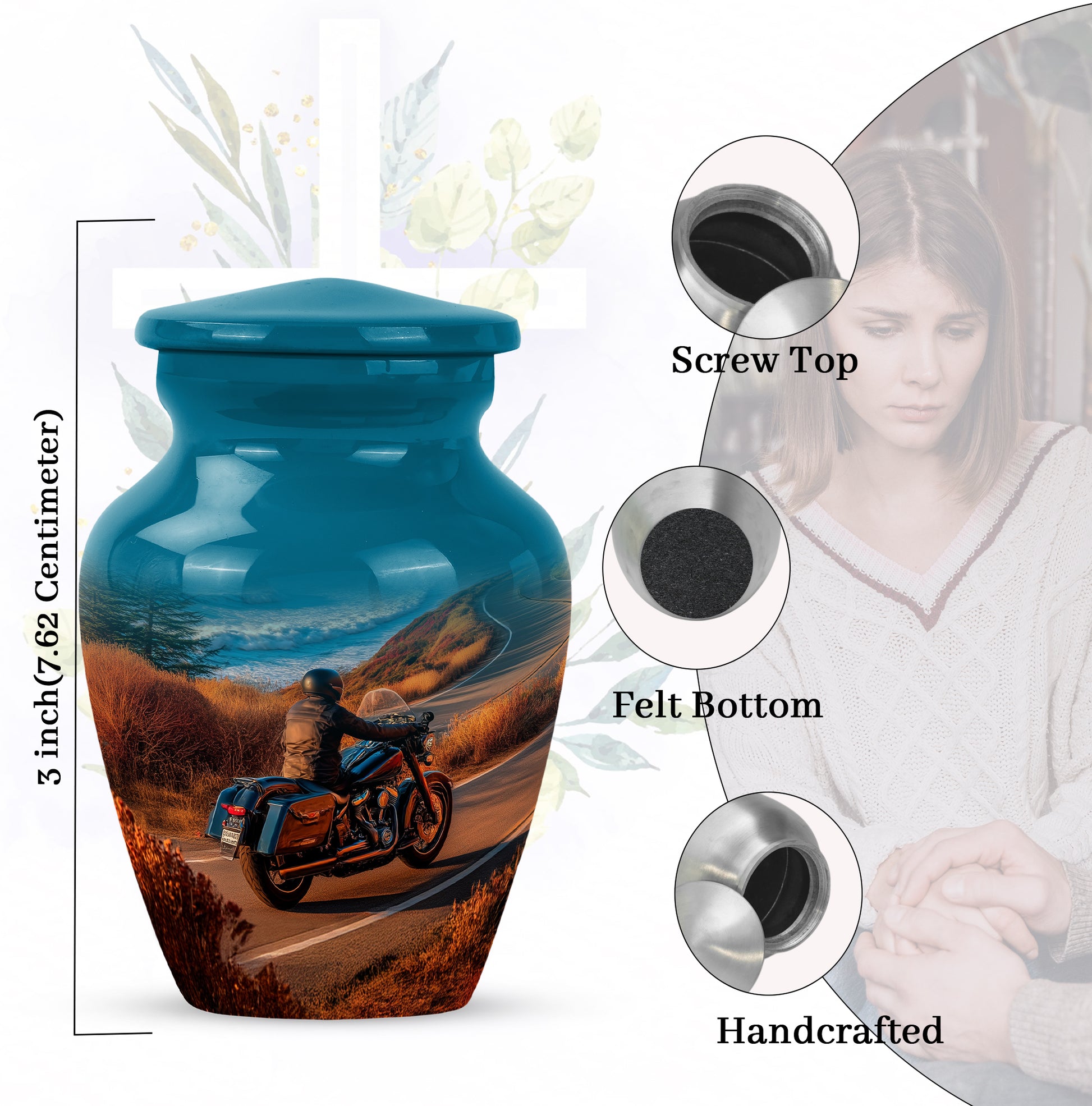 Mystic Teal Bike Cremation Urn close-up of engraving and surface detail - elegant classic bike relief with fine detailing - mini keepsake memorial for portion of cremation ashes