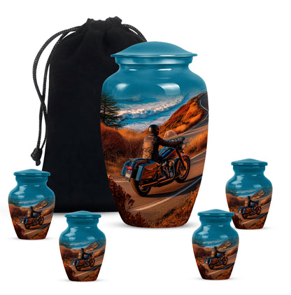 Jewel Teal Bike Cremation Urn top-down view of secure threaded lid - classic sculpted bike pattern on smooth aluminum - memorial set with one large and four small urns