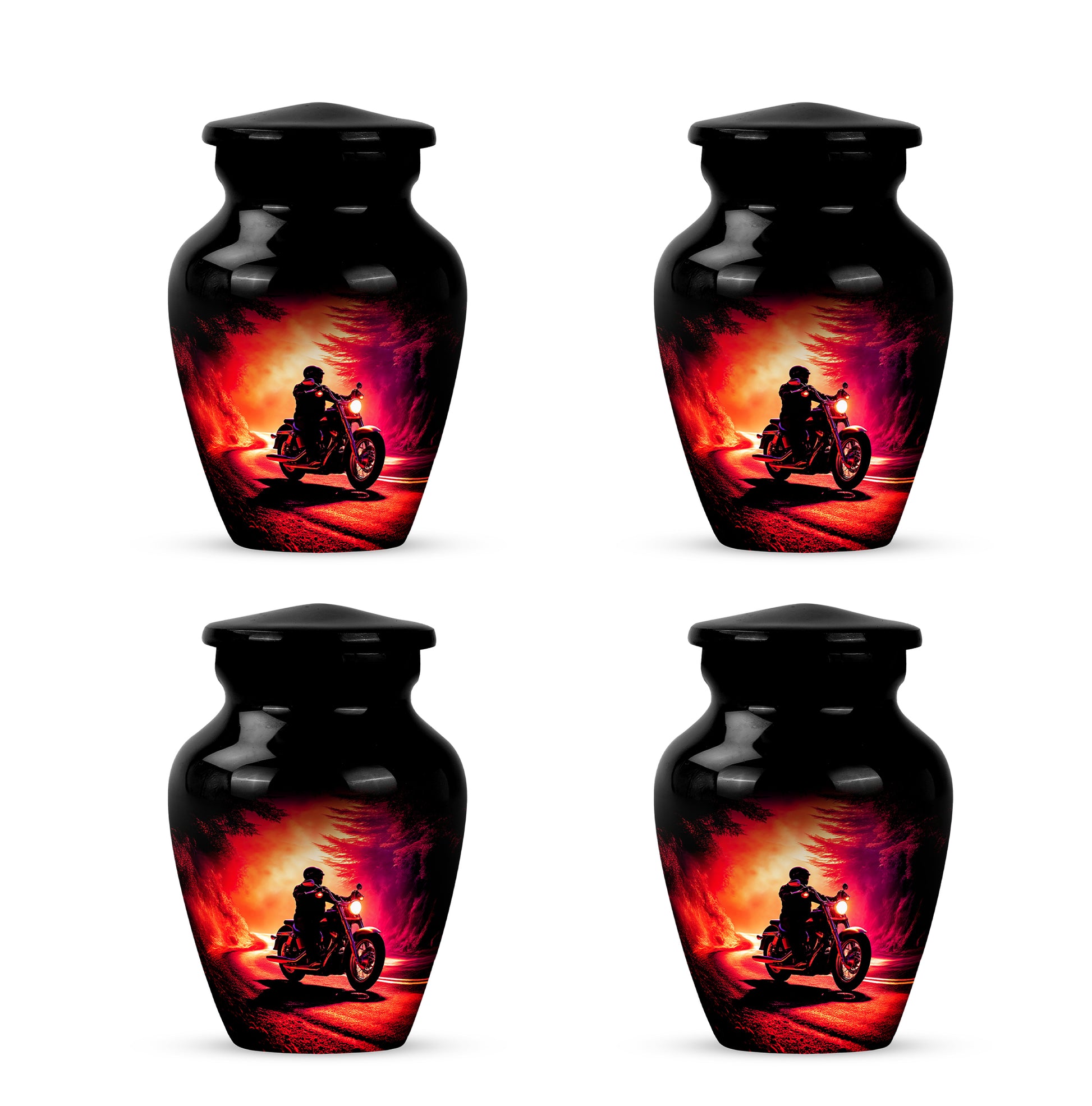 Dark Black Bike Cremation Urn side profile showing urn shape - elegant classic bike relief with fine detailing - 10 inch aluminum urn for cremated remains