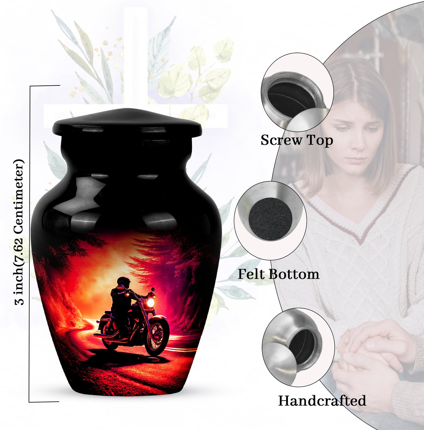 Rich Black Bike Cremation Urn close-up of engraving and surface detail - timeless bike motif etched into premium metal - mini keepsake memorial for portion of cremation ashes