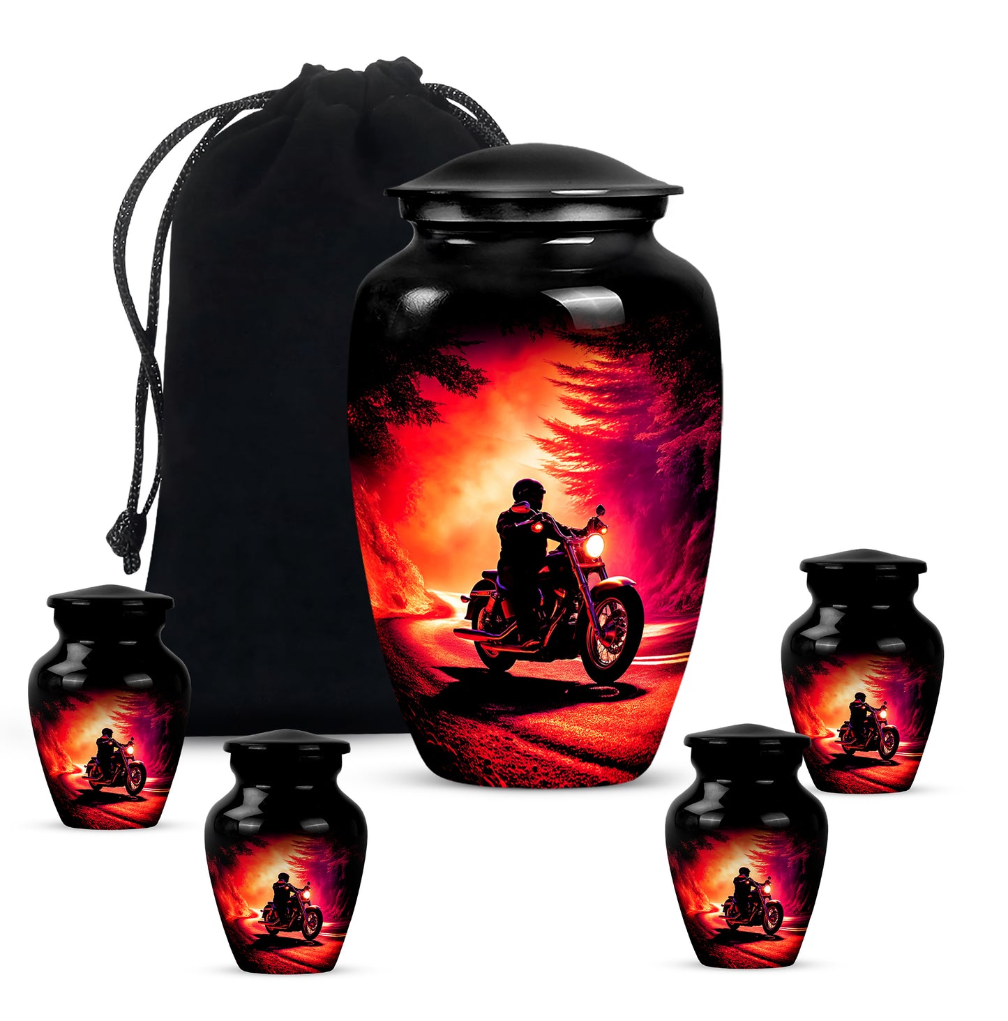 Glossy Black Bike Cremation Urn top-down view of secure threaded lid - classic sculpted bike pattern on smooth aluminum - memorial set with one large and four small urns