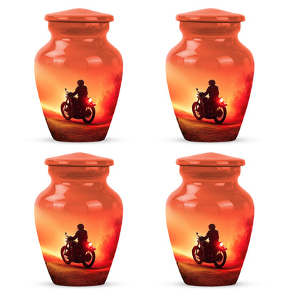 Garnet Red Bike Cremation Urn side profile showing urn shape - timeless bike motif etched into premium metal - 10 inch aluminum urn for cremated remains