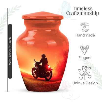 Cherry Red Bike Cremation Urn close-up of engraving and surface detail - elegant classic bike relief with fine detailing - mini keepsake memorial for portion of cremation ashes