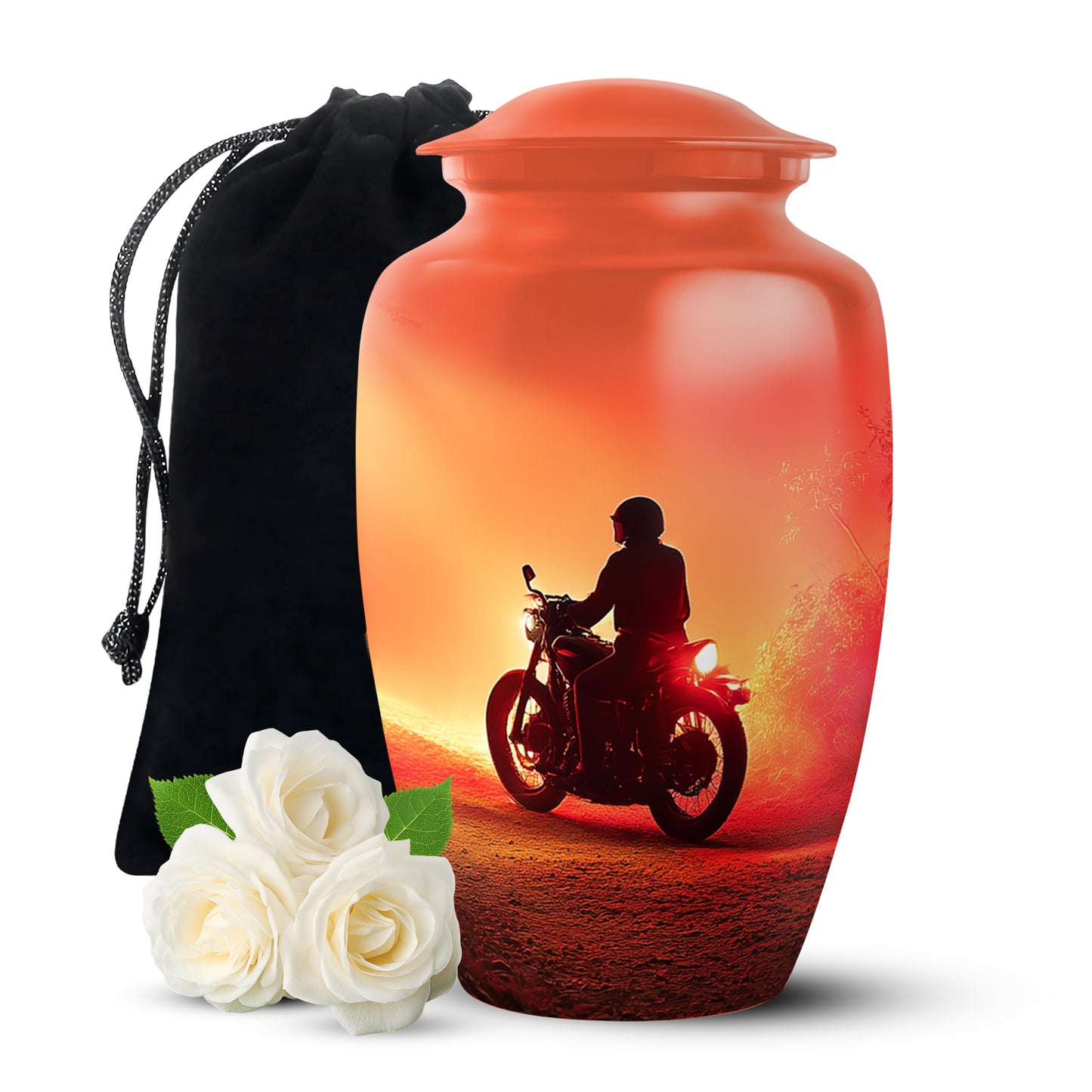 Burgundy Red Bike Cremation Urn angled view of lid and engraved motif - classic sculpted bike pattern on smooth aluminum - full-size 10 inch 200 cubic inch adult cremation urn