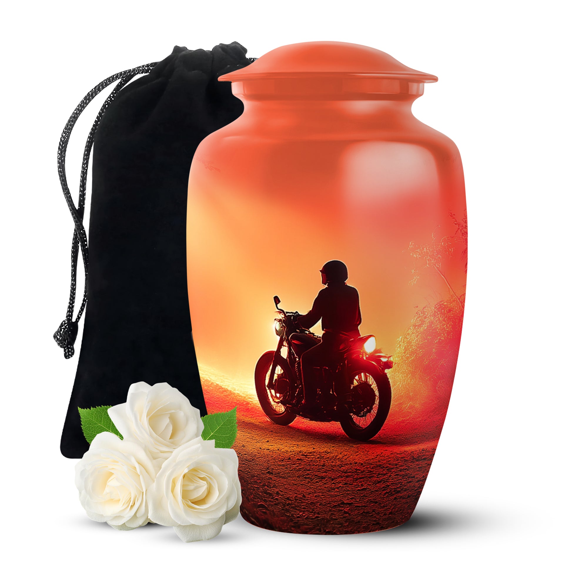 Burgundy Red Bike Cremation Urn angled view of lid and engraved motif - classic sculpted bike pattern on smooth aluminum - full-size 10 inch 200 cubic inch adult cremation urn