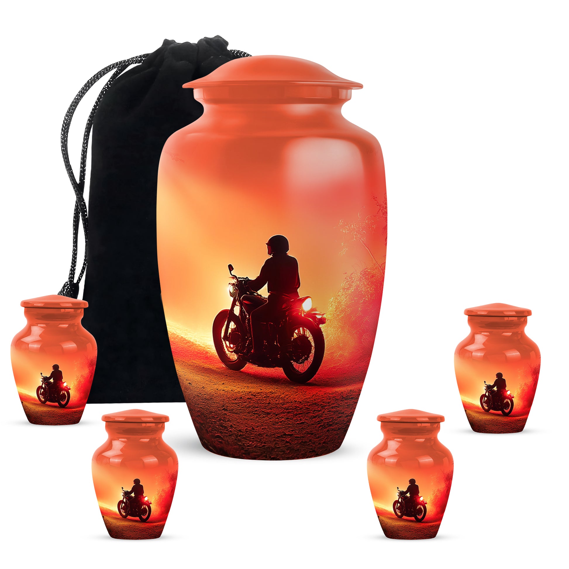 Cherry Red Bike Cremation Urn top-down view of secure threaded lid - elegant classic bike relief with fine detailing - memorial set with one large and four small urns