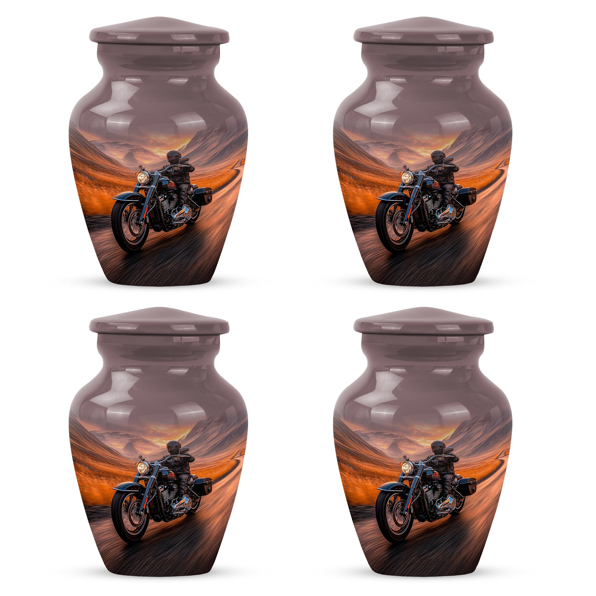 Crimson Red Bike Cremation Urn side profile showing urn shape - classic sculpted bike pattern on smooth aluminum - 10 inch aluminum urn for cremated remains