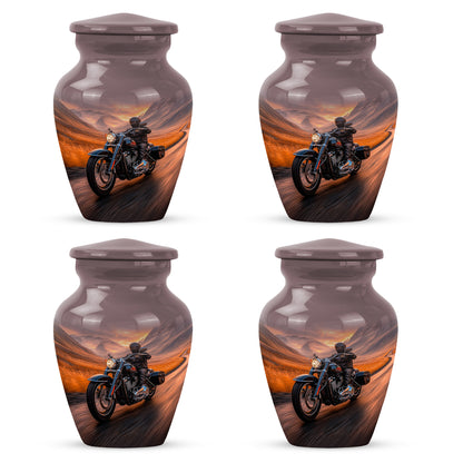 Crimson Red Bike Cremation Urn side profile showing urn shape - classic sculpted bike pattern on smooth aluminum - 10 inch aluminum urn for cremated remains
