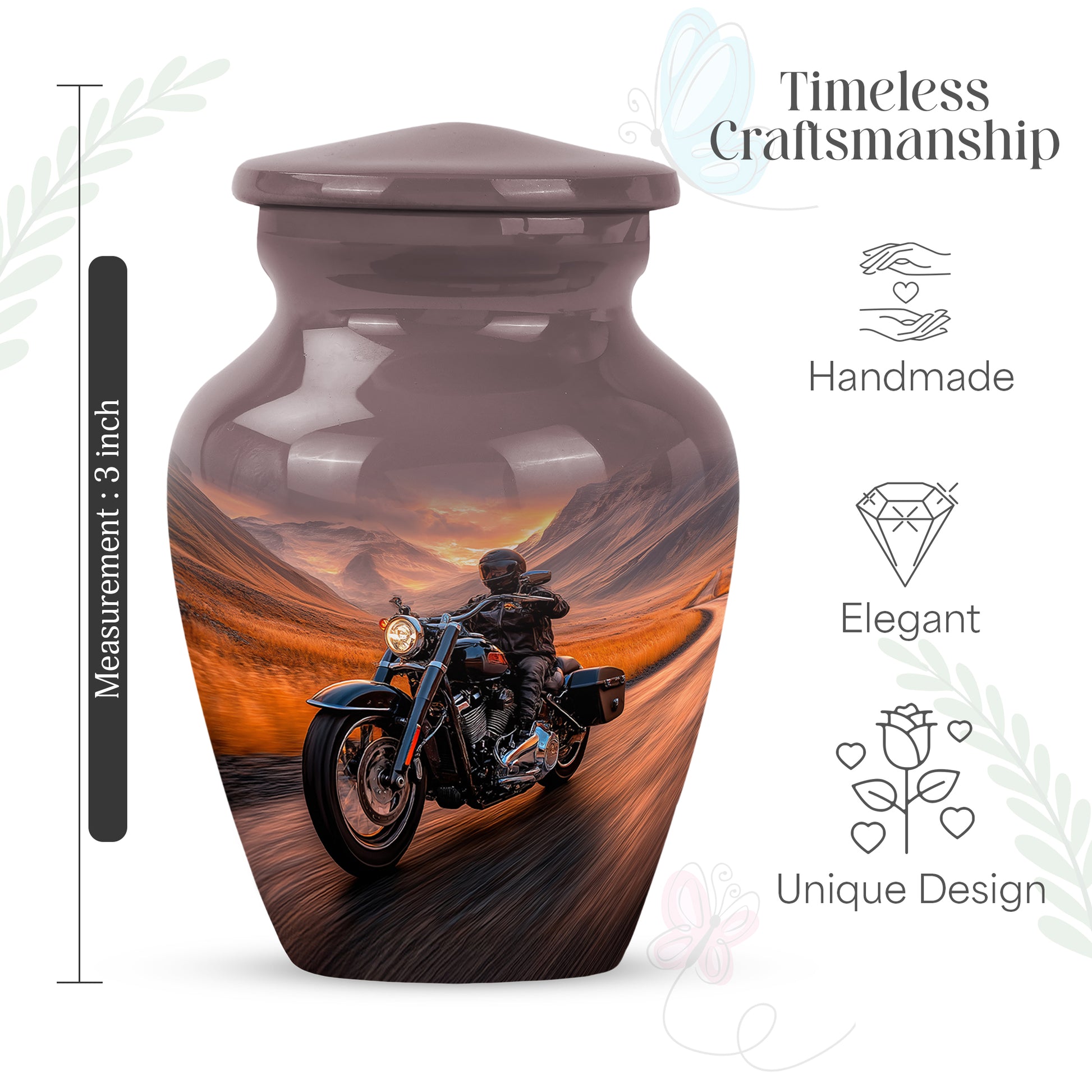 Garnet Red Bike Cremation Urn close-up of engraving and surface detail - timeless bike motif etched into premium metal - mini keepsake memorial for portion of cremation ashes