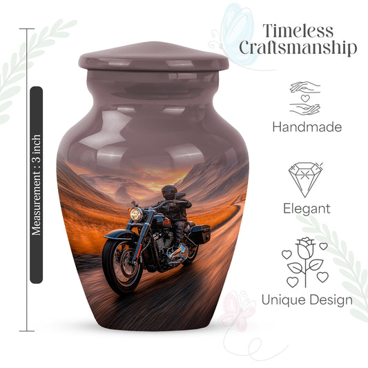 Garnet Red Bike Cremation Urn close-up of engraving and surface detail - timeless bike motif etched into premium metal - mini keepsake memorial for portion of cremation ashes