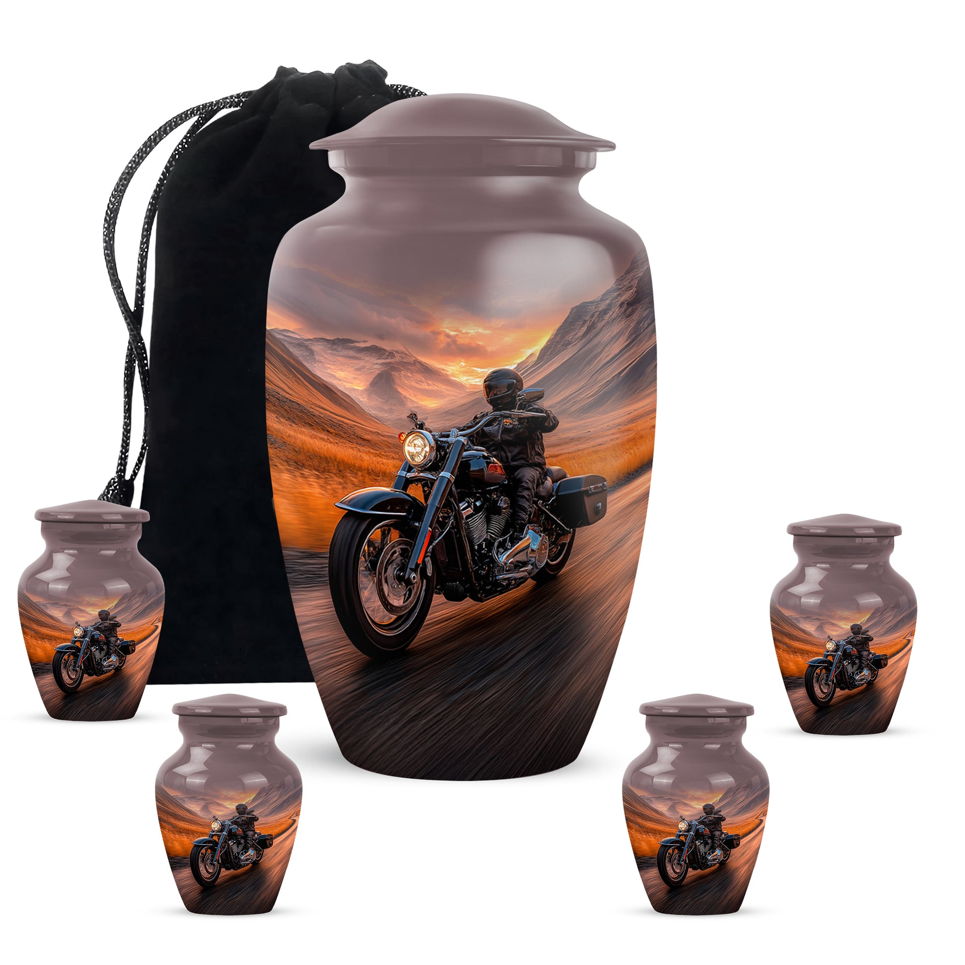 Burgundy Red Bike Cremation Urn top-down view of secure threaded lid - timeless bike motif etched into premium metal - memorial set with one large and four small urns