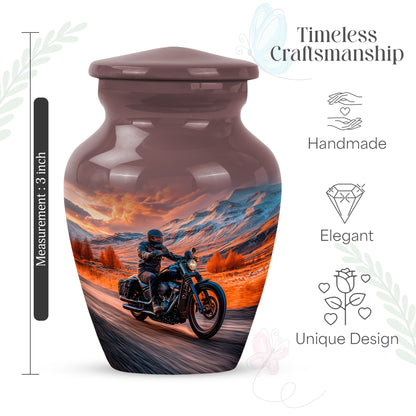 Fiery Red Bike Cremation Urn close-up of engraving and surface detail - elegant classic bike relief with fine detailing - mini keepsake memorial for portion of cremation ashes