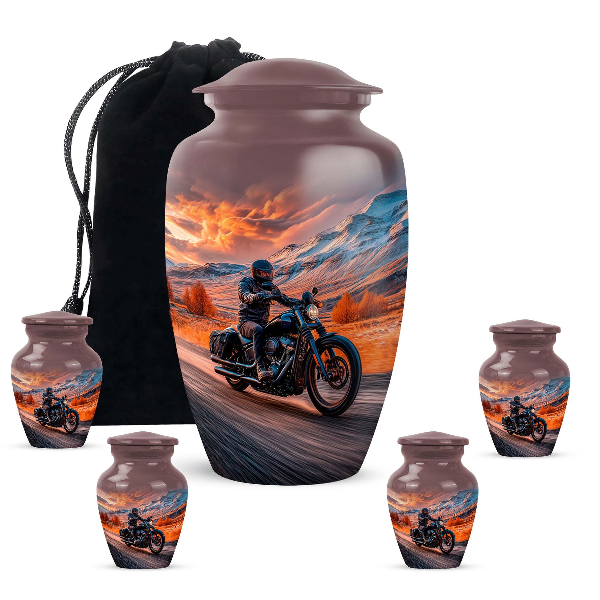 Rich Red Bike Cremation Urn top-down view of secure threaded lid - elegant classic bike relief with fine detailing - memorial set with one large and four small urns