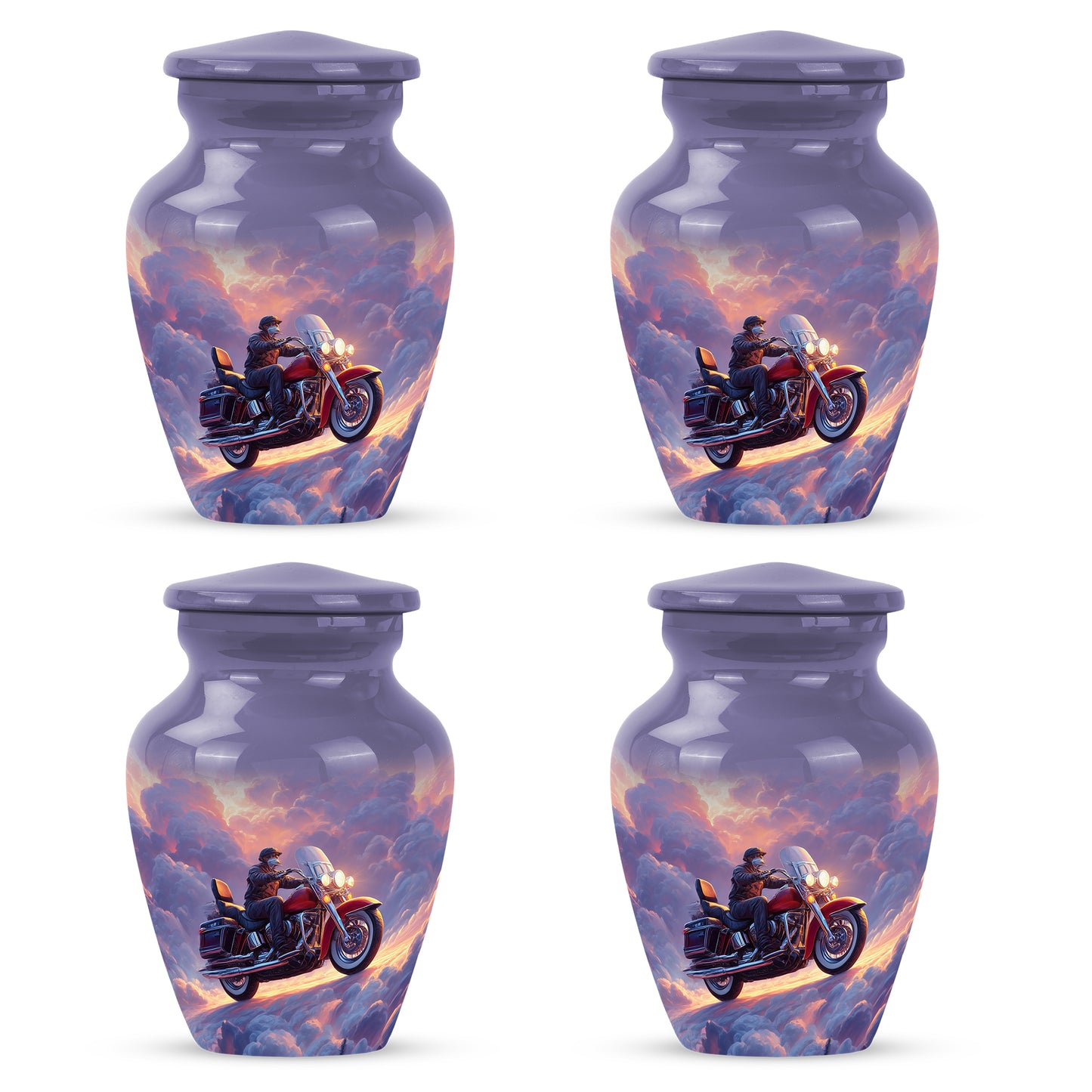 Royal Blue Bike Cremation Urn side profile showing urn shape - traditional bike engraving with hand-polished finish - 10 inch aluminum urn for cremated remains