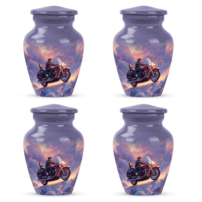 Royal Blue Bike Cremation Urn side profile showing urn shape - traditional bike engraving with hand-polished finish - 10 inch aluminum urn for cremated remains